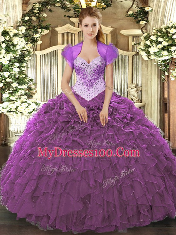 Edgy Sleeveless Floor Length Beading and Ruffles Lace Up Sweet 16 Dresses with Eggplant Purple
