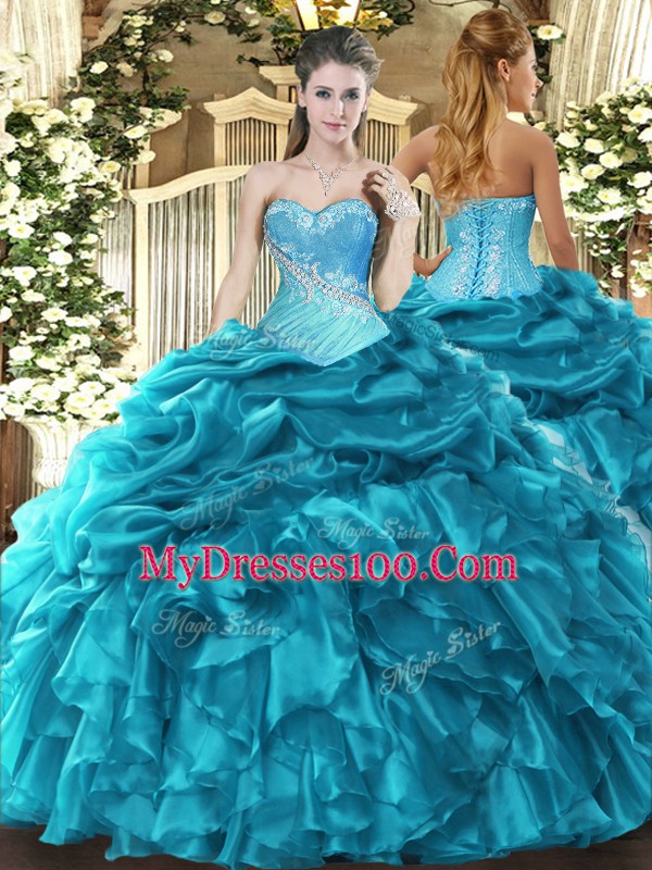 Charming Teal Ball Gowns Sweetheart Sleeveless Organza Floor Length Lace Up Beading and Ruffles and Pick Ups Ball Gown Prom Dress