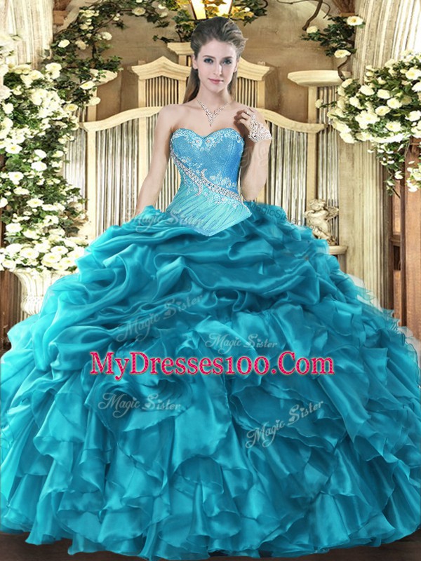 Charming Teal Ball Gowns Sweetheart Sleeveless Organza Floor Length Lace Up Beading and Ruffles and Pick Ups Ball Gown Prom Dress