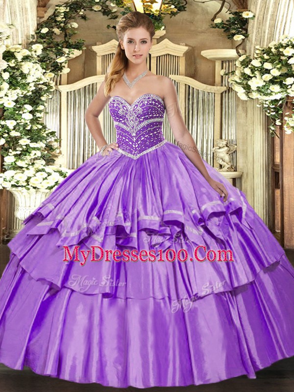 Floor Length Lavender Quinceanera Dress Organza and Taffeta Sleeveless Beading and Ruffled Layers