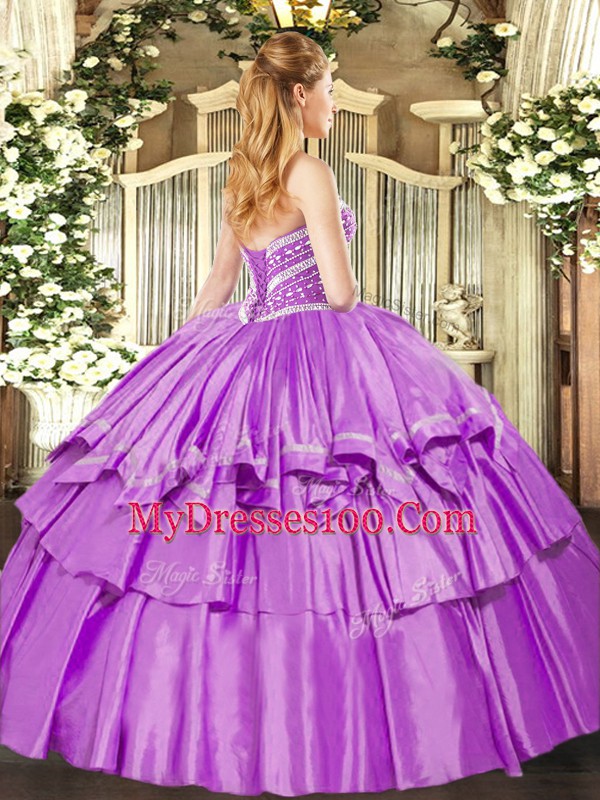 Floor Length Lavender Quinceanera Dress Organza and Taffeta Sleeveless Beading and Ruffled Layers