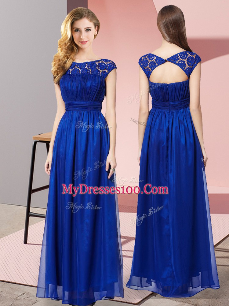 Royal Blue Tulle Zipper Scoop Sleeveless Floor Length Prom Dress Lace