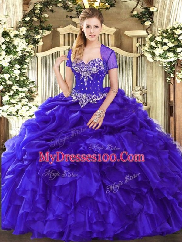 Stylish Purple Ball Gowns Sweetheart Sleeveless Organza Floor Length Lace Up Beading and Ruffles and Pick Ups Quinceanera Gowns