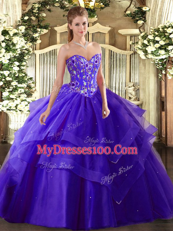 Floor Length Purple Ball Gown Prom Dress Tulle Sleeveless Embroidery and Ruffled Layers