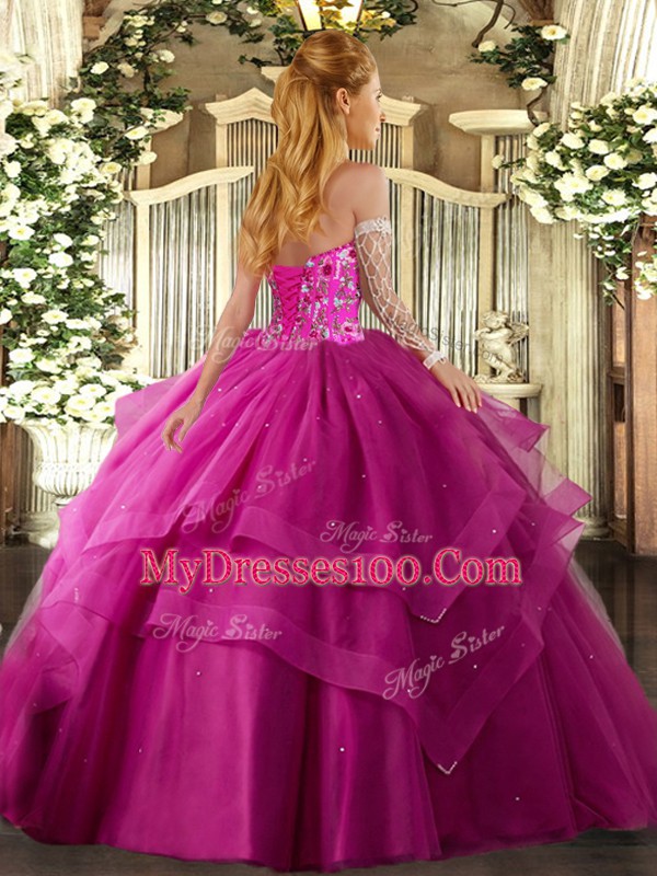 Floor Length Purple Ball Gown Prom Dress Tulle Sleeveless Embroidery and Ruffled Layers
