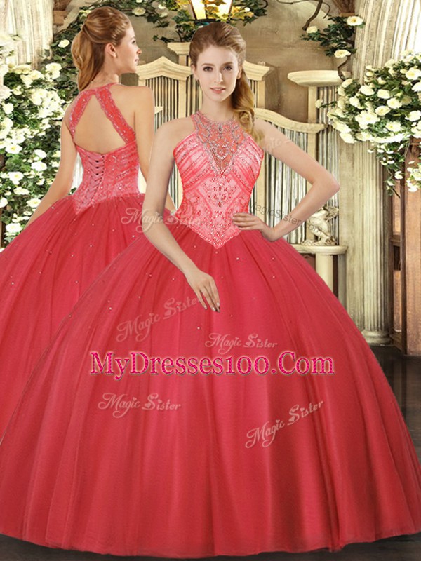 Best High-neck Sleeveless Vestidos de Quinceanera Floor Length Beading Red Tulle