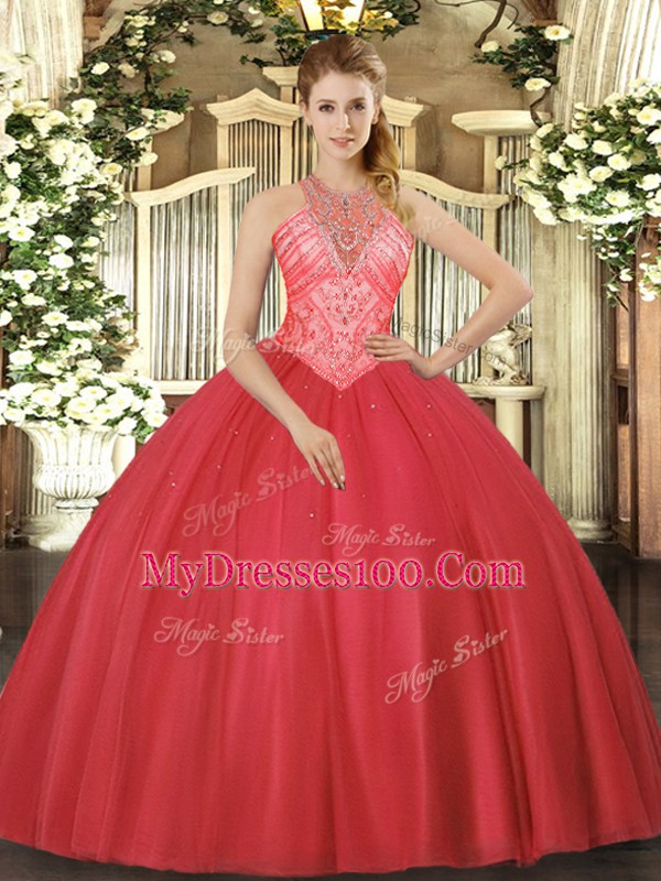 Best High-neck Sleeveless Vestidos de Quinceanera Floor Length Beading Red Tulle