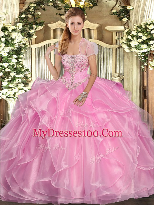 Pretty Floor Length Lace Up 15th Birthday Dress Rose Pink for Military Ball and Sweet 16 and Quinceanera with Appliques and Ruffles