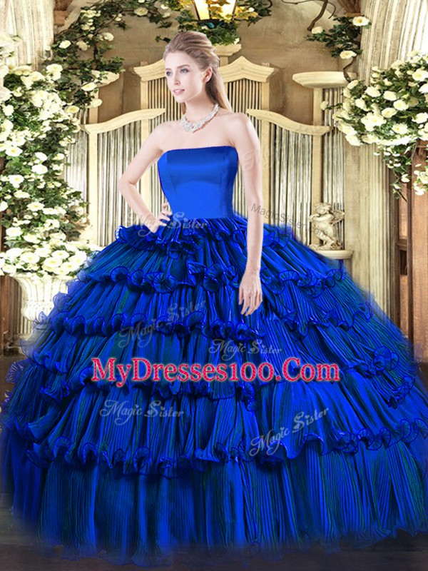 Traditional Royal Blue Sleeveless Floor Length Ruffled Layers Zipper 15th Birthday Dress