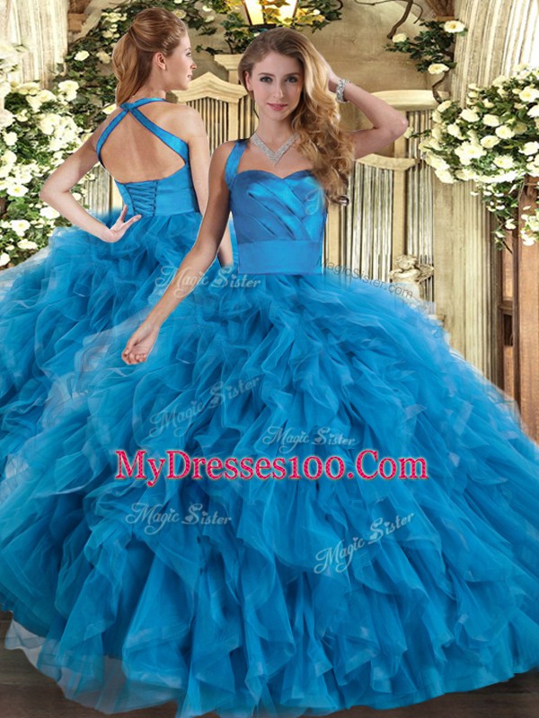 Blue Lace Up Halter Top Ruffles Vestidos de Quinceanera Tulle Sleeveless