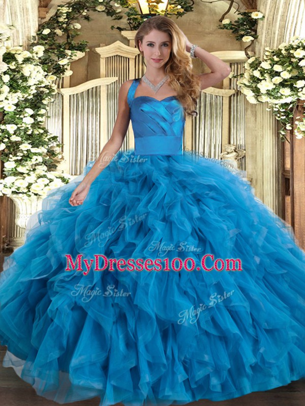 Blue Lace Up Halter Top Ruffles Vestidos de Quinceanera Tulle Sleeveless