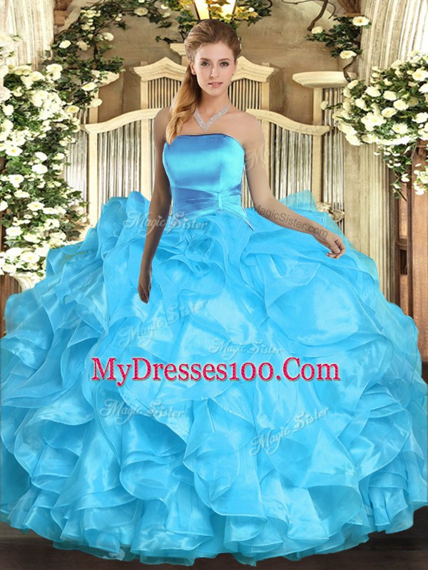 Sophisticated Strapless Sleeveless Organza 15th Birthday Dress Ruffles Lace Up