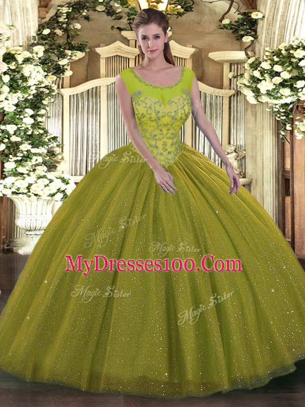 Shining Olive Green Sleeveless Tulle Backless Vestidos de Quinceanera for Military Ball and Sweet 16 and Quinceanera