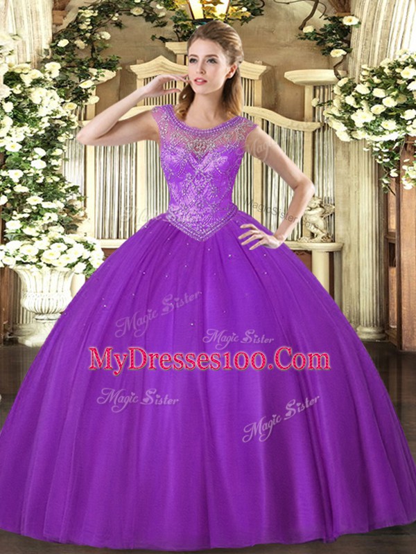 Fantastic Eggplant Purple Ball Gowns Scoop Sleeveless Tulle Floor Length Lace Up Beading Quinceanera Gown