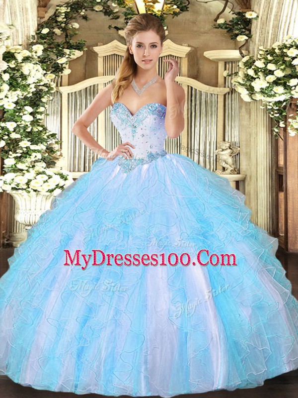Flare Aqua Blue Ball Gowns Tulle Sweetheart Sleeveless Beading and Ruffles Floor Length Lace Up Vestidos de Quinceanera