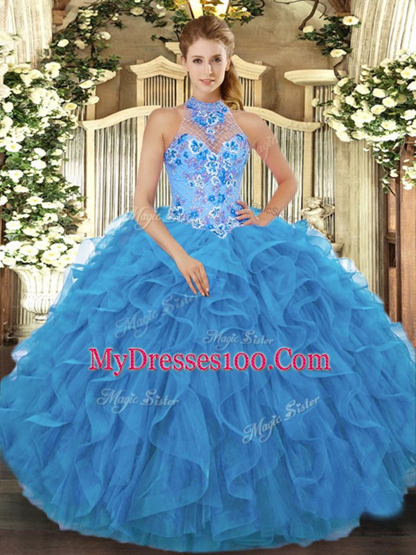 Superior Sleeveless Organza Floor Length Lace Up 15th Birthday Dress in Baby Blue with Beading and Embroidery and Ruffles