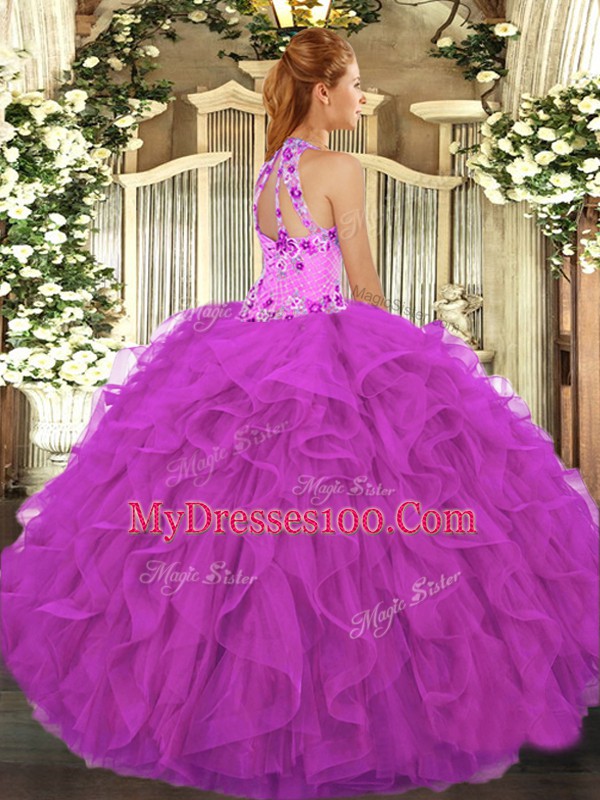 Superior Sleeveless Organza Floor Length Lace Up 15th Birthday Dress in Baby Blue with Beading and Embroidery and Ruffles