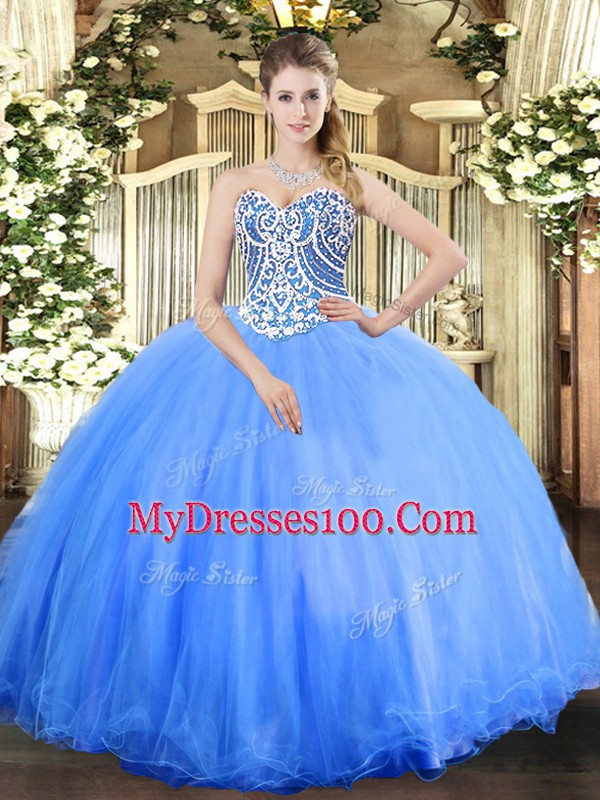 Hot Sale Floor Length Baby Blue 15 Quinceanera Dress Sweetheart Sleeveless Lace Up