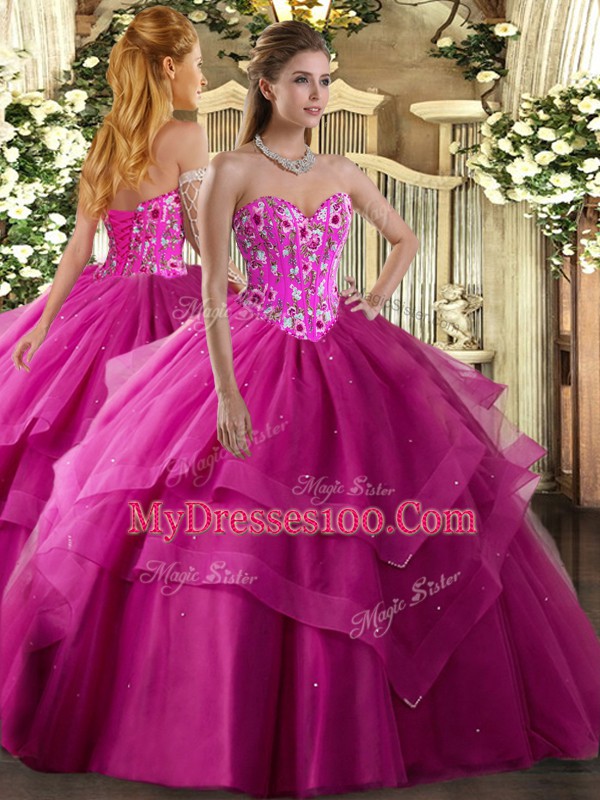 Superior Embroidery and Ruffled Layers Quinceanera Gown Fuchsia Lace Up Sleeveless Floor Length