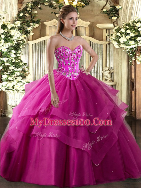 Superior Embroidery and Ruffled Layers Quinceanera Gown Fuchsia Lace Up Sleeveless Floor Length