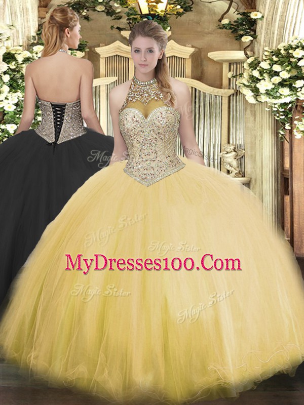Fashionable Halter Top Sleeveless Tulle Quinceanera Dress Beading Lace Up