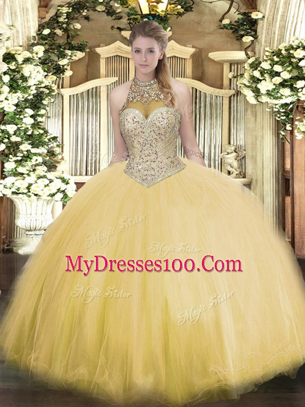 Fashionable Halter Top Sleeveless Tulle Quinceanera Dress Beading Lace Up