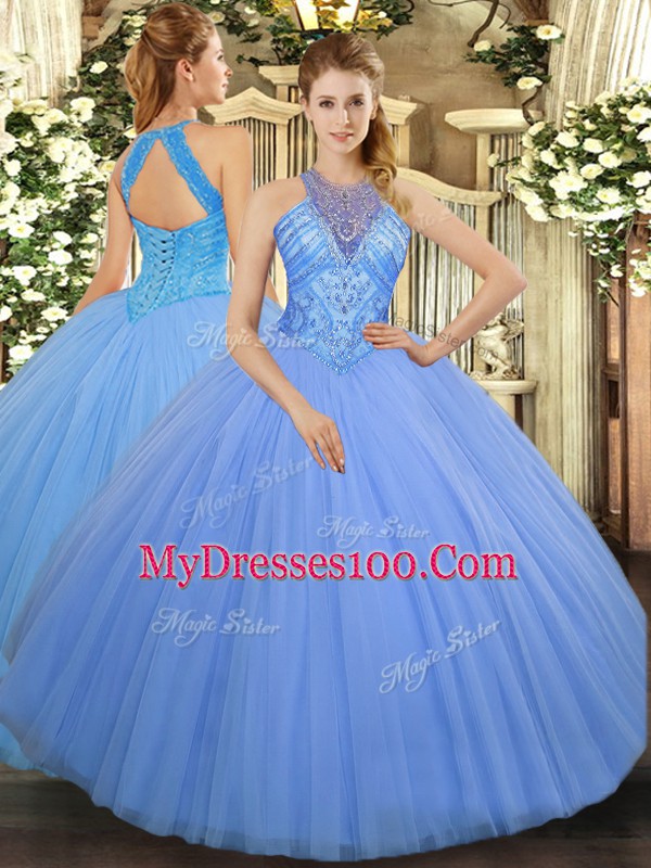 Adorable Light Blue Ball Gowns Tulle High-neck Sleeveless Beading Floor Length Lace Up Sweet 16 Dress