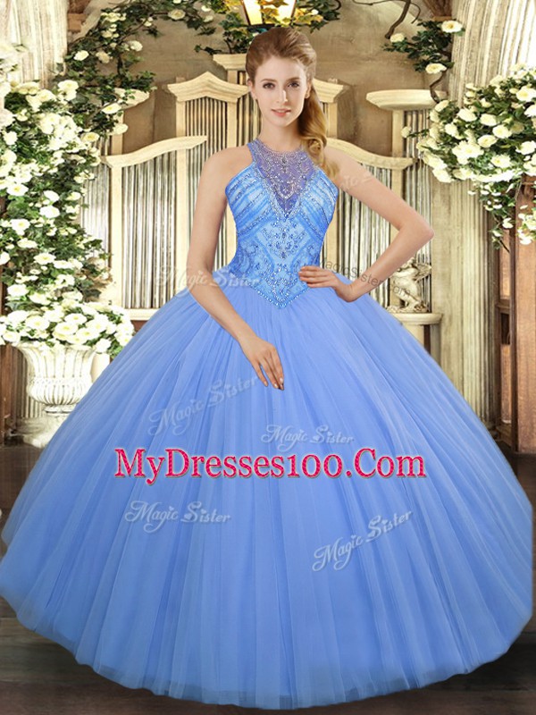 Adorable Light Blue Ball Gowns Tulle High-neck Sleeveless Beading Floor Length Lace Up Sweet 16 Dress