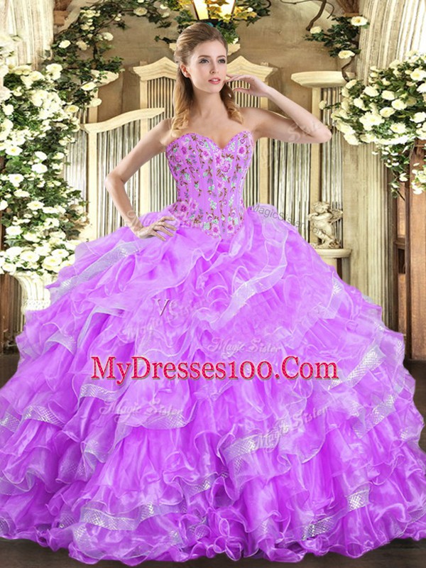 Lilac Lace Up Sweetheart Embroidery and Ruffled Layers Sweet 16 Dress Organza Sleeveless