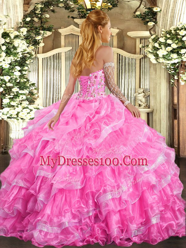 Lilac Lace Up Sweetheart Embroidery and Ruffled Layers Sweet 16 Dress Organza Sleeveless