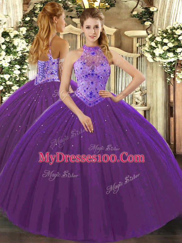 Artistic Tulle Halter Top Sleeveless Lace Up Beading and Appliques and Embroidery Quinceanera Gown in Purple