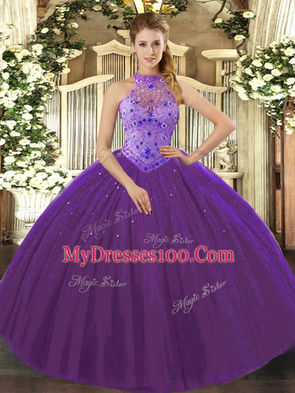 Artistic Tulle Halter Top Sleeveless Lace Up Beading and Appliques and Embroidery Quinceanera Gown in Purple