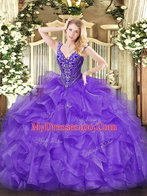 Floor Length Lavender 15 Quinceanera Dress Organza Sleeveless Beading and Ruffles