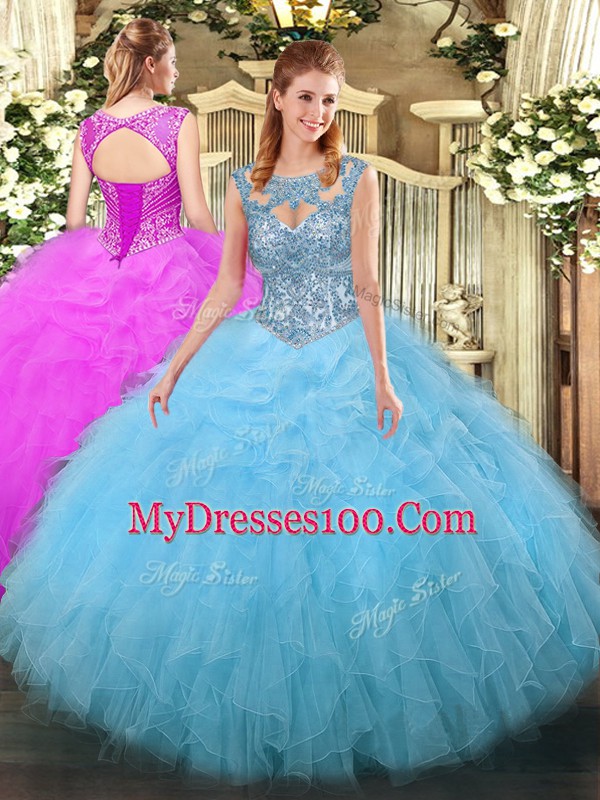 Ball Gowns Quinceanera Dresses Aqua Blue Scoop Tulle Sleeveless Floor Length Lace Up