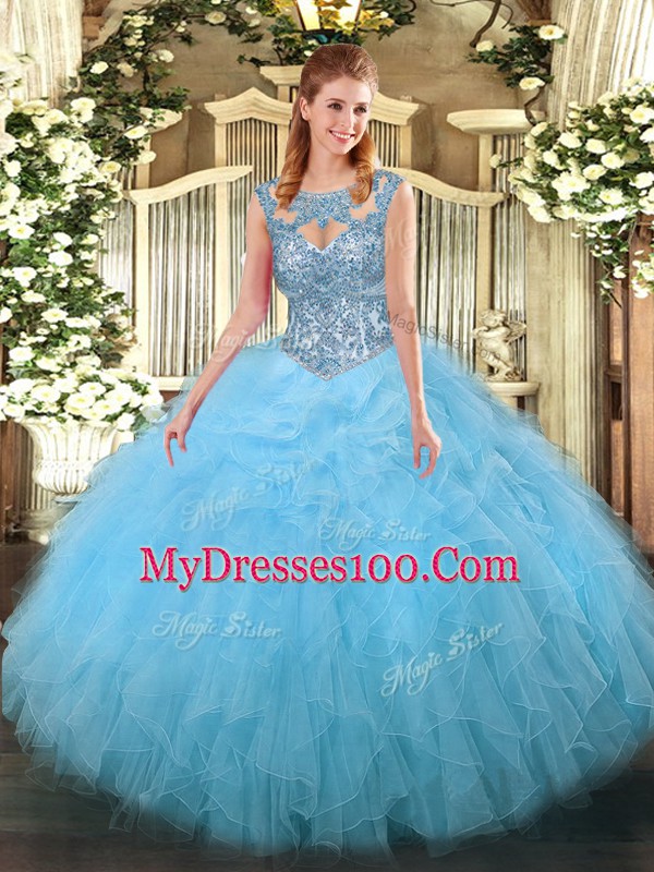 Ball Gowns Quinceanera Dresses Aqua Blue Scoop Tulle Sleeveless Floor Length Lace Up