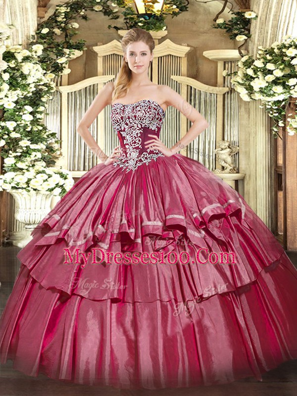 Hot Pink Strapless Neckline Beading and Ruffled Layers 15 Quinceanera Dress Sleeveless Lace Up