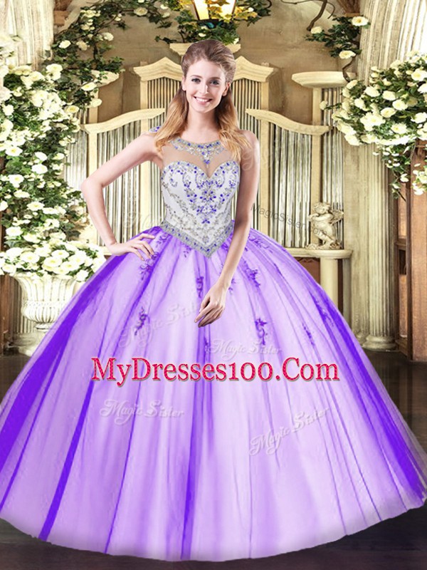 Flirting Lavender Sleeveless Beading and Appliques Floor Length Quince Ball Gowns