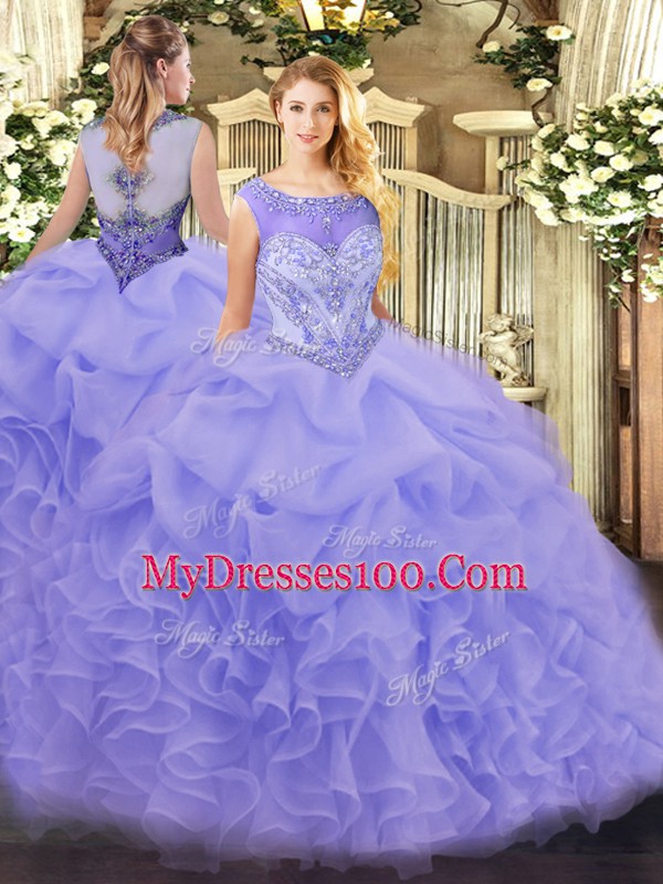 Scoop Sleeveless Zipper Quinceanera Gown Lavender Organza