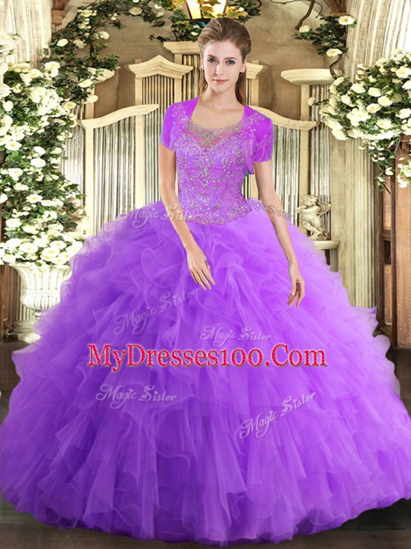Luxury Sleeveless Floor Length Beading and Ruffled Layers Clasp Handle Sweet 16 Quinceanera Dress with Lavender