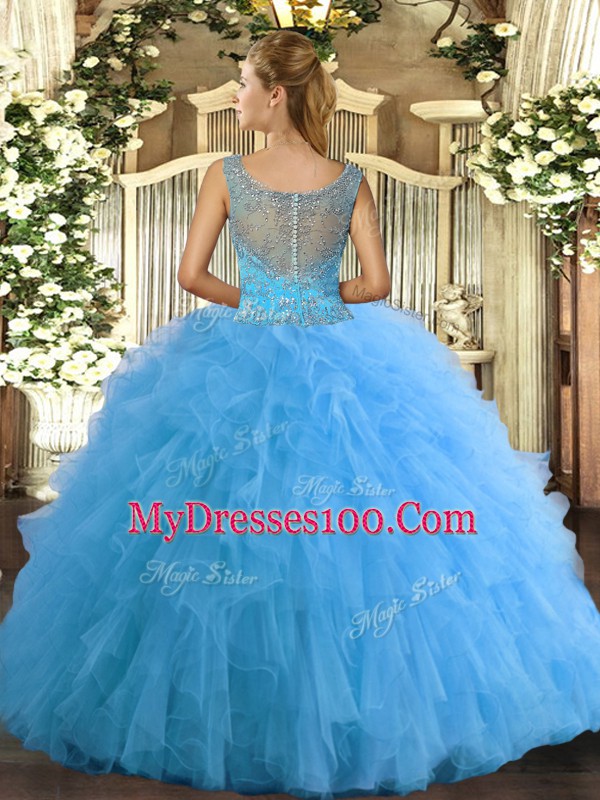 Luxury Sleeveless Floor Length Beading and Ruffled Layers Clasp Handle Sweet 16 Quinceanera Dress with Lavender