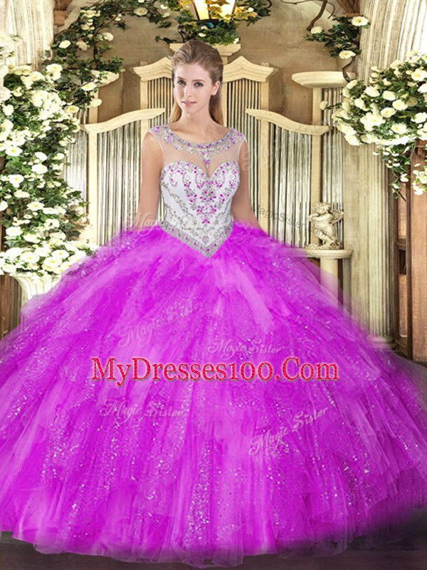 Floor Length Zipper Sweet 16 Dress Fuchsia for Military Ball and Sweet 16 and Quinceanera with Beading and Ruffles