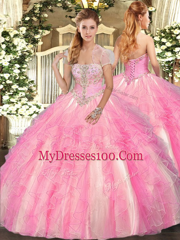 Modern Rose Pink Lace Up Sweet 16 Quinceanera Dress Appliques and Ruffles Sleeveless Floor Length