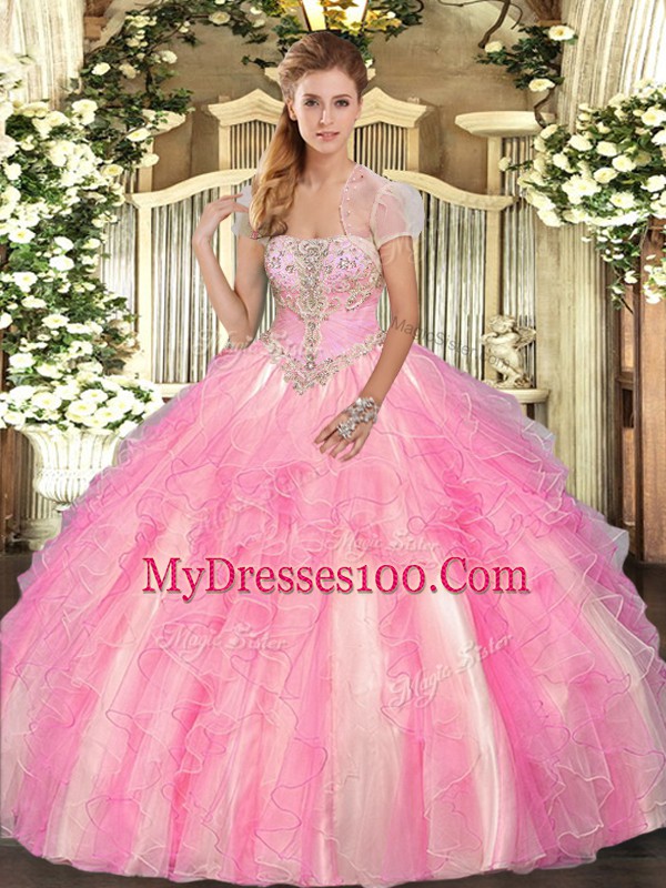 Modern Rose Pink Lace Up Sweet 16 Quinceanera Dress Appliques and Ruffles Sleeveless Floor Length
