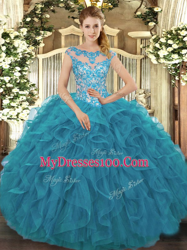 Teal Organza Lace Up Quinceanera Dresses Cap Sleeves Floor Length Beading and Ruffles