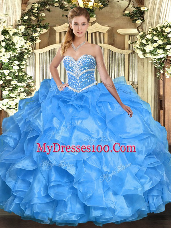 Baby Blue Ball Gowns Sweetheart Sleeveless Organza Floor Length Lace Up Beading and Ruffles Quinceanera Dresses