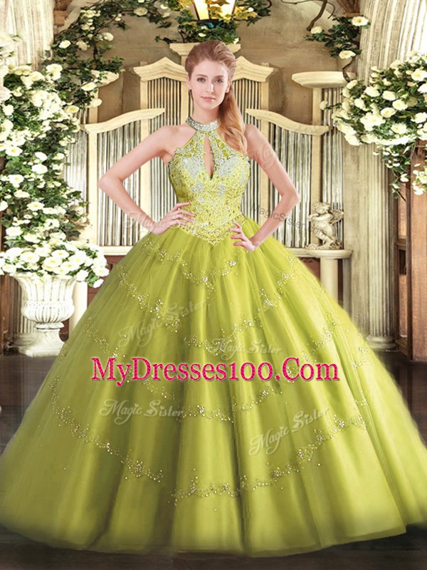 High End Halter Top Sleeveless Tulle Sweet 16 Quinceanera Dress Beading Lace Up
