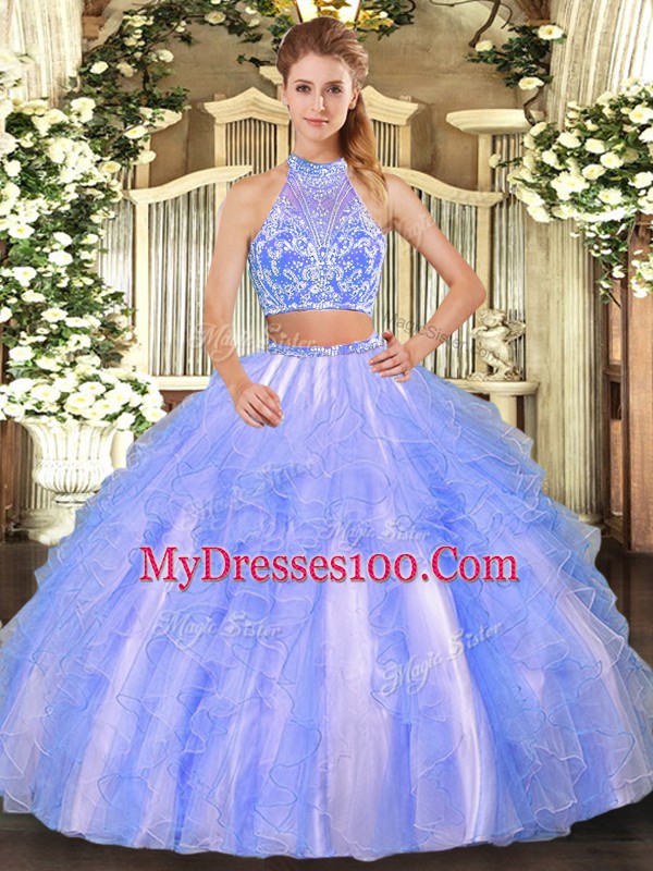 Captivating Two Pieces Sweet 16 Dress Lavender Strapless Tulle Sleeveless Floor Length Criss Cross