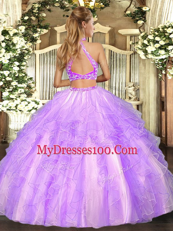 Captivating Two Pieces Sweet 16 Dress Lavender Strapless Tulle Sleeveless Floor Length Criss Cross