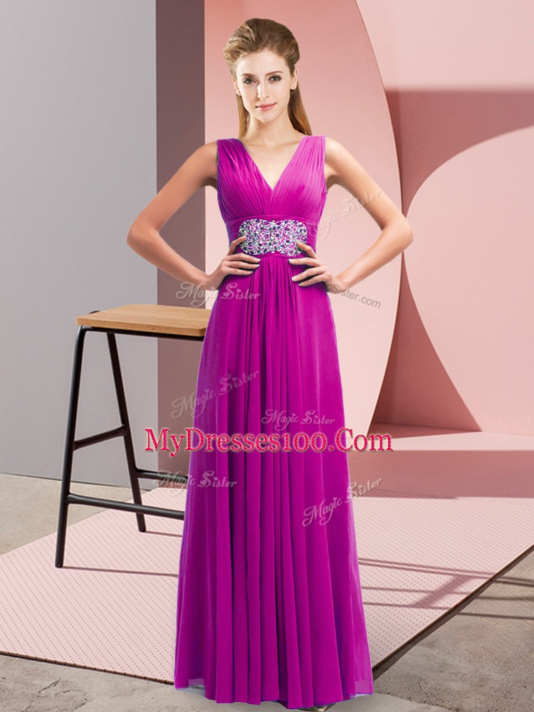 Fuchsia Dress for Prom Prom and Party with Beading and Ruching V-neck Sleeveless Side Zipper