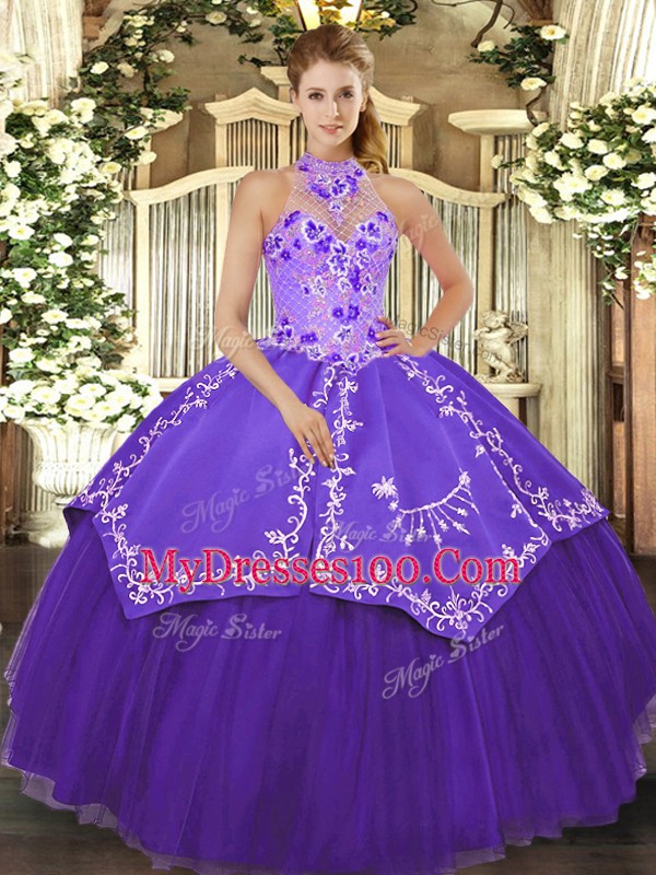 Eye-catching Halter Top Sleeveless Satin and Tulle Sweet 16 Quinceanera Dress Beading and Embroidery Lace Up